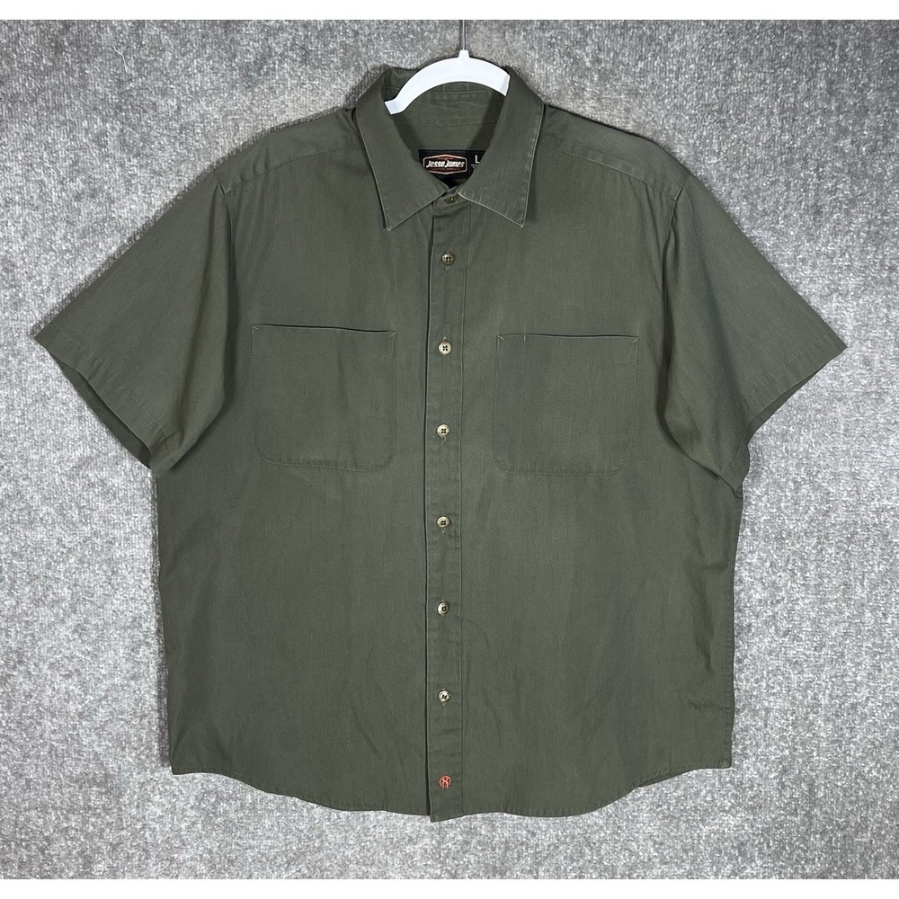 Jesse James Industrial Workwear Button Up Shirt Mens Size L Olive Green Pockets